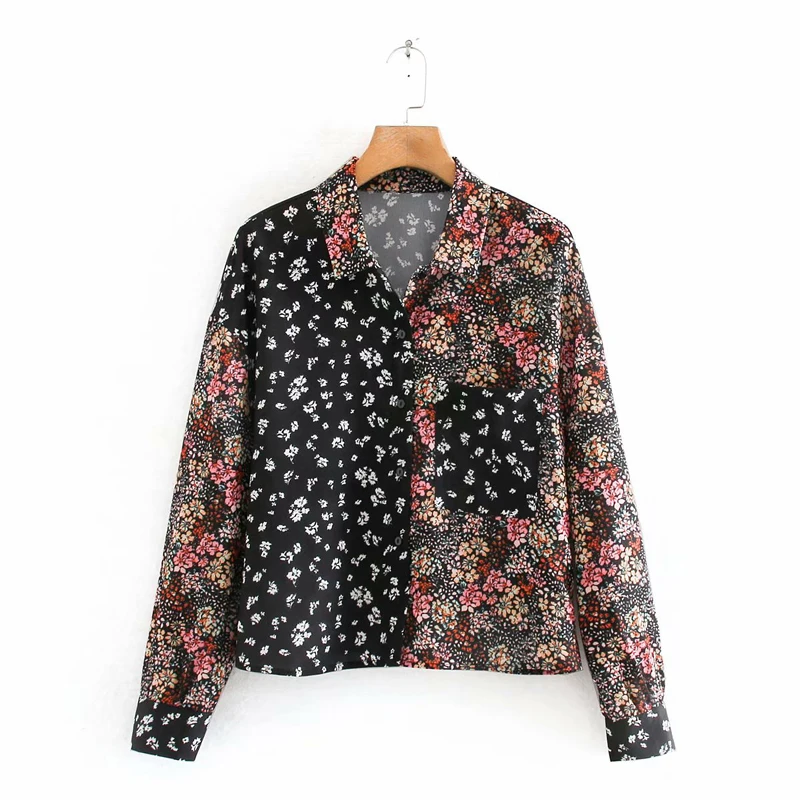 

cs959 spring floral print patchwork long sleeve single pocket long sleeve blouse women chic trendy shirts tops