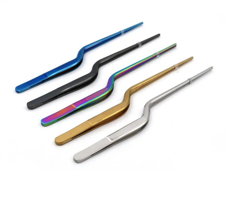 Lengthened Straight Pointed Curved Tweezer for Food Holders Tools Silver Stainless Steel Tweezers