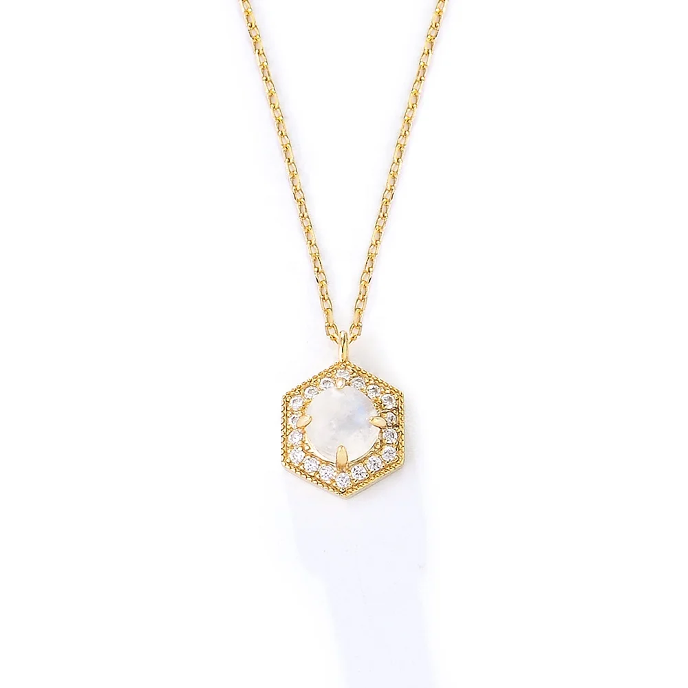 

popular jewelry Simple Ins 14K Gold Plated Hexagon Natural Moonstone Pendant CZ Silver Sterling 925 Oval Link Chain Necklace