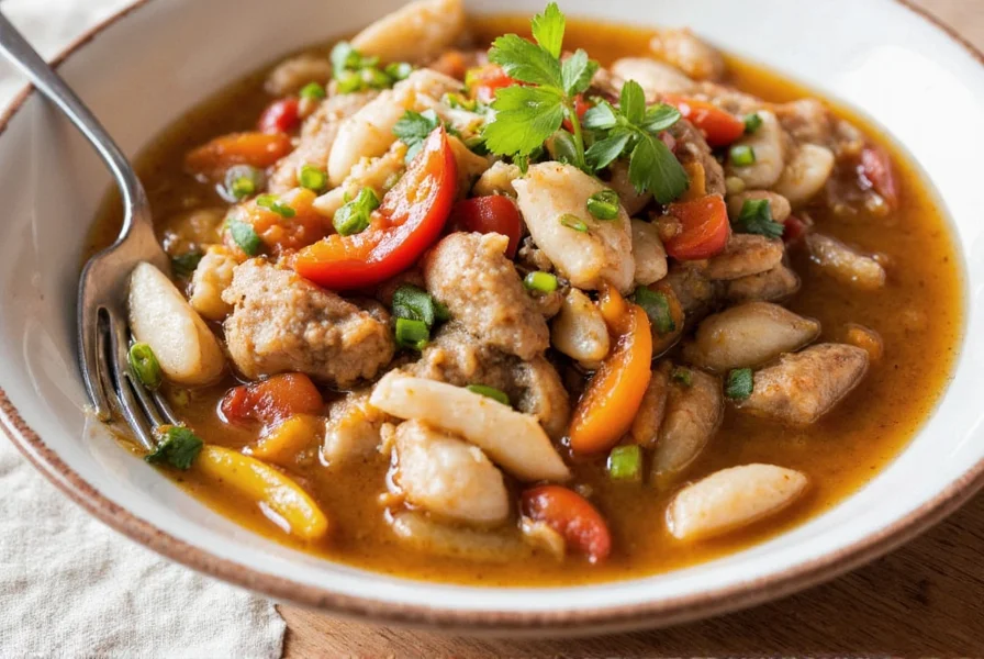 Final serving of fisherman stew in large bowl with garnishes