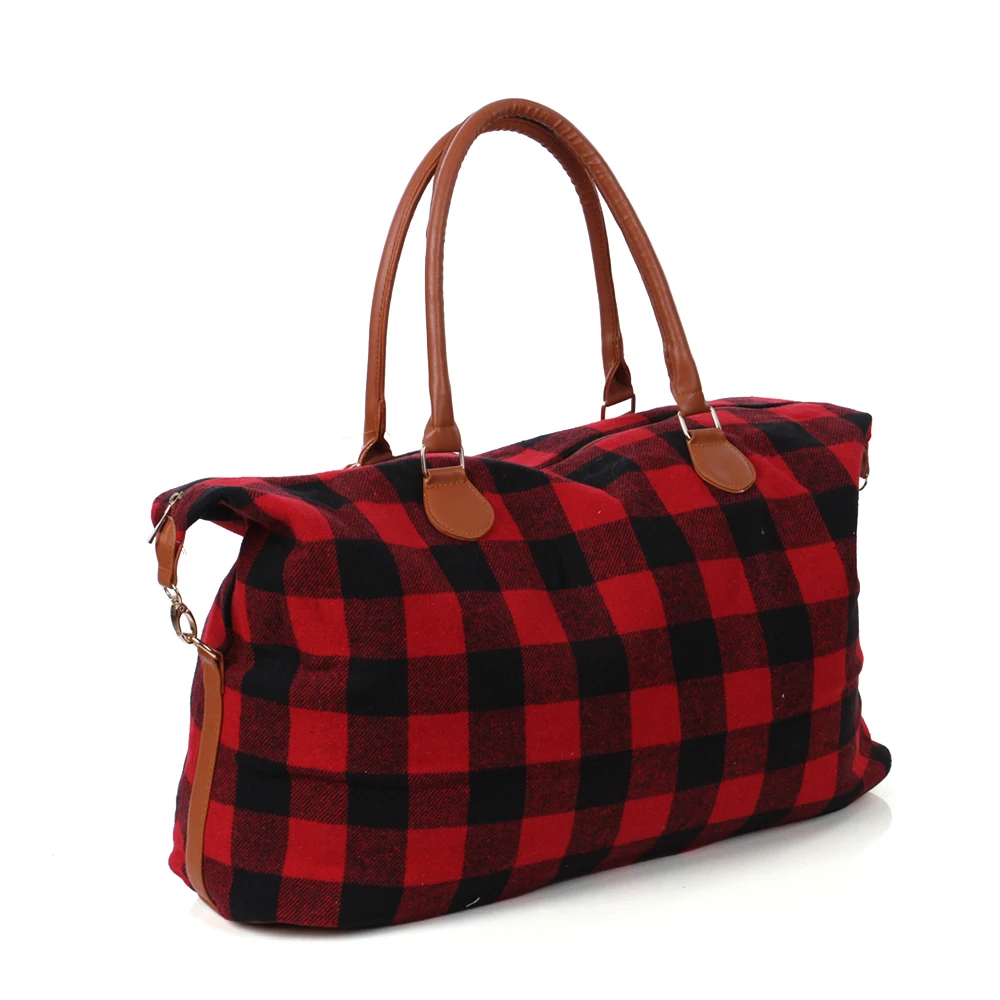 

Personalized Monogrammed Plaid Canvas Customized Overnight Nice Bag with Brown Handles Wholesale Weekender Duffel Tote Bags, As picture