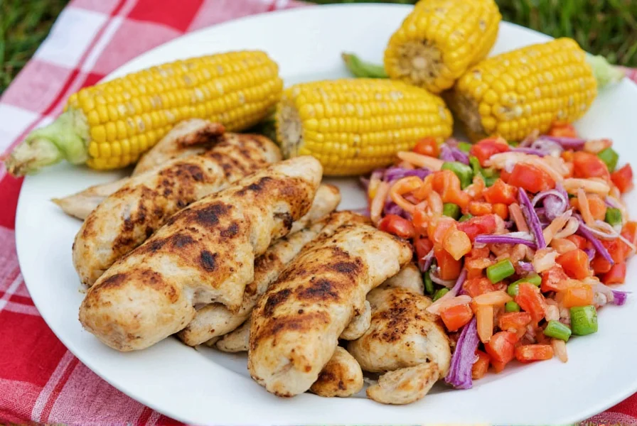 Colorful pepper slaw served alongside grilled chicken and corn on a summer picnic
