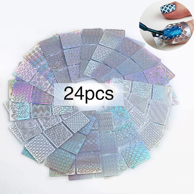 

24 Sheets/SET Laser Nail Vinyls Laser Irregular Grid Stencil Polish Transfer Manicure Tools Nail Art Stickers Stamping Template, As shown