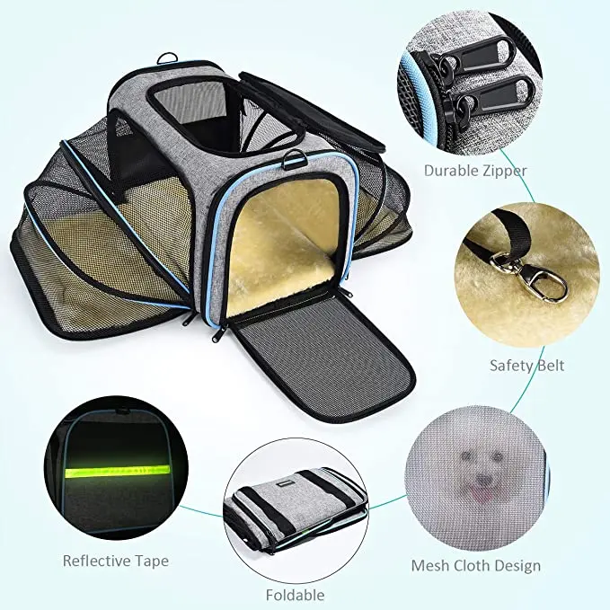 Removable Fleece Pad and Pockets for Small Dogs Puppies Large Cat Soft Sided Collapsible Puppy Carrier with Locking Safety Zippers WDM Airline Approved Cat Carrier 