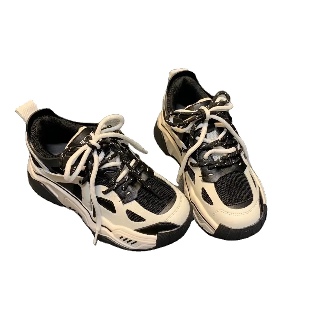 

2021 new fashion casual leather increased short and fat thick-soled women's sneakers, Black+white black+green