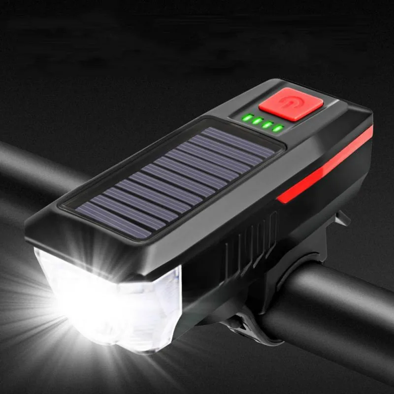 

Solar Power Bicycle Light with Horn T6 LED Road Mountain Bike Front Light USB Rechargeable Headlight 3 Modes Cycling Head Lamp