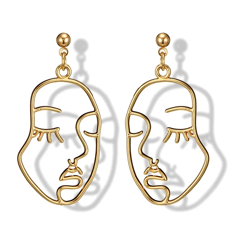 

New Gold Tone Hollow Art Contour Face Aesthetic Hook Ear Jewelry Abstract Geometric Wire Face Dangle Earrings boucle d'oreille