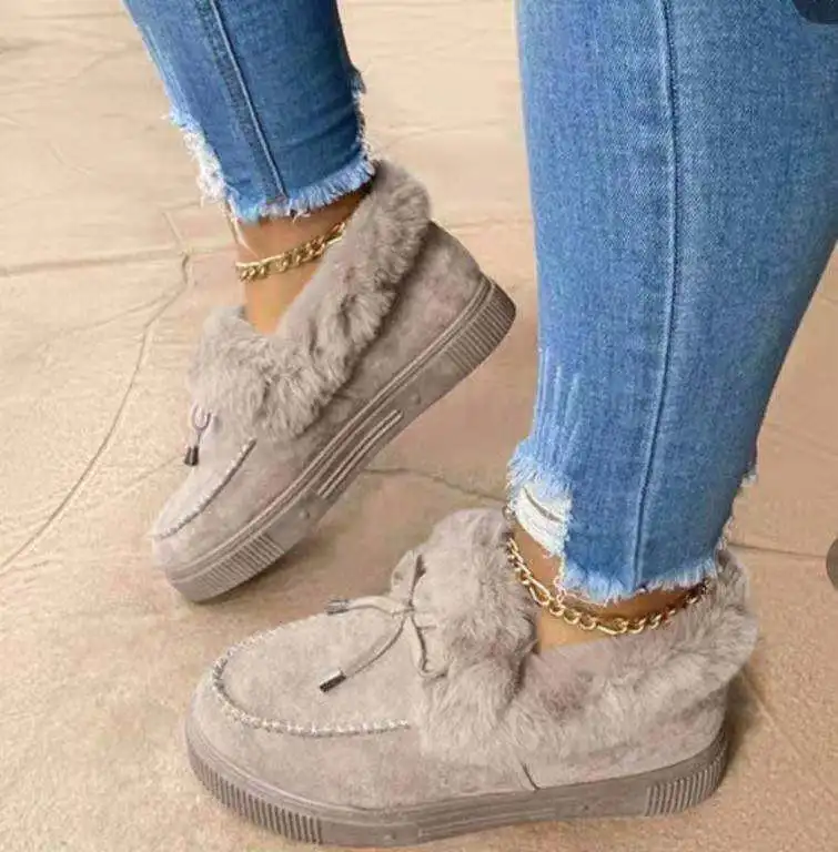 

Casual Fashion Flat Boots Cute Winter Warm Slip On Fur Lining Thick Plush Ankle Fur Shoes For Women, Black, gray