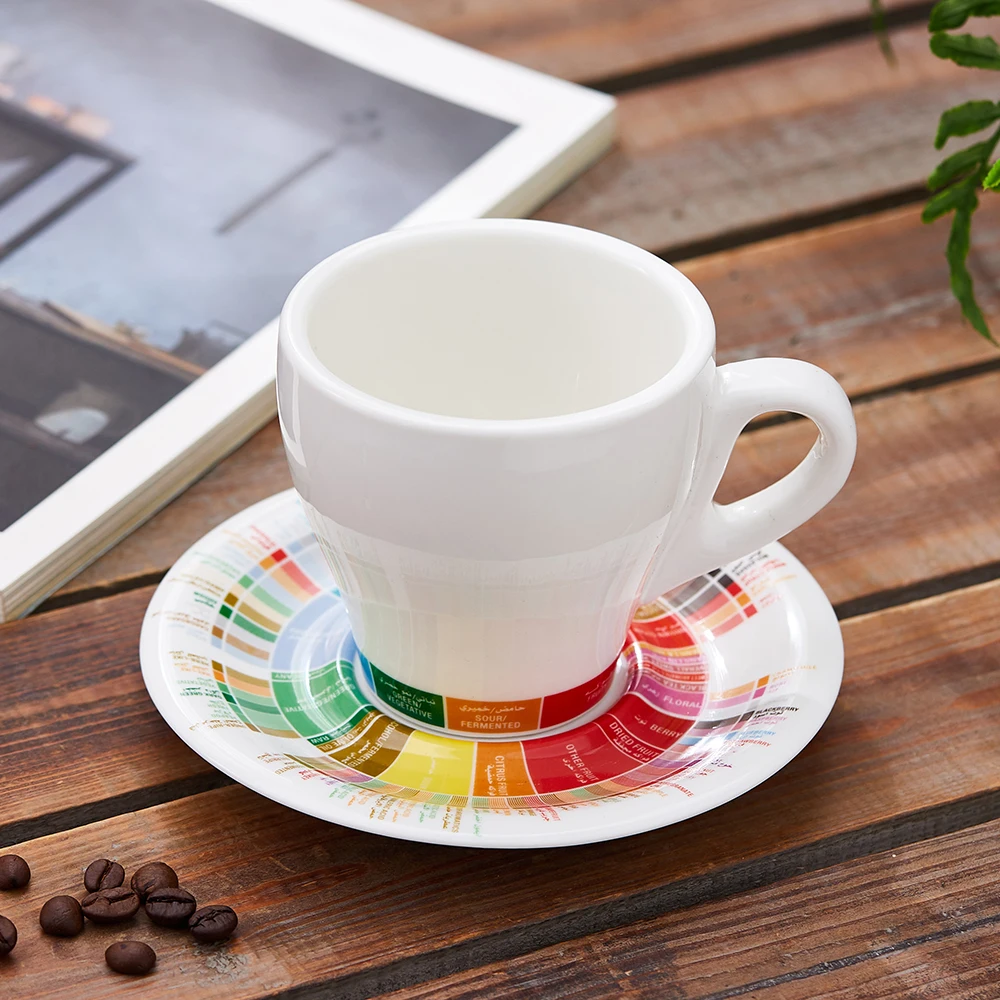 

170ml 280ml Thick Body Ceramic Tulip Latte Cups Coffee Cappuccino in Flavor Wheel Arabic Design Barista Coffee Cup and Saucer