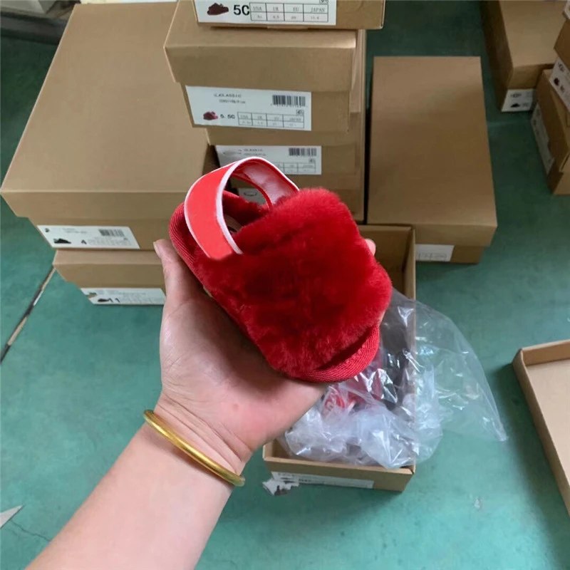 

New style fur slippers real sheepskin fur sandals children's casual shoes wool slippers for kids, As picture show or customized