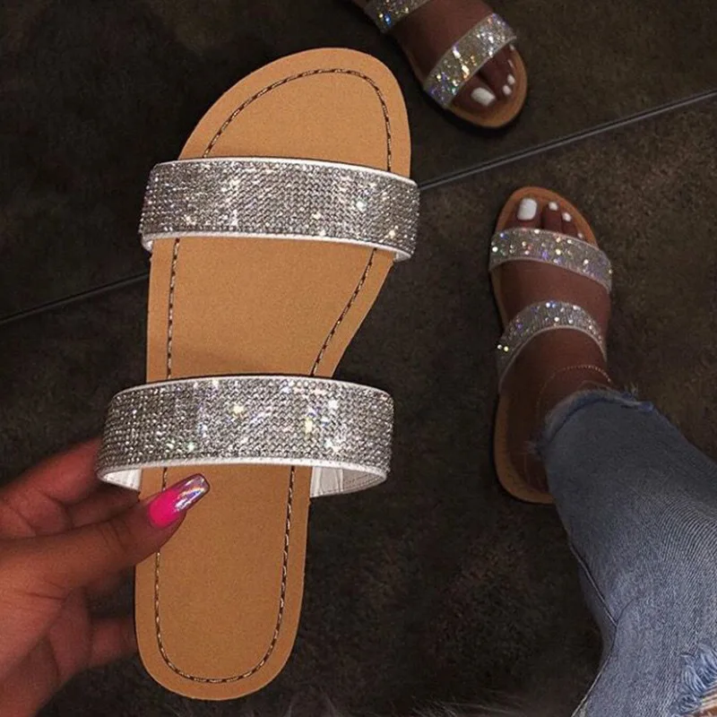 

Factory Direct Wholesale Fashion Simple Roma Crytal Women Slides Slippers Diamond Slides Women