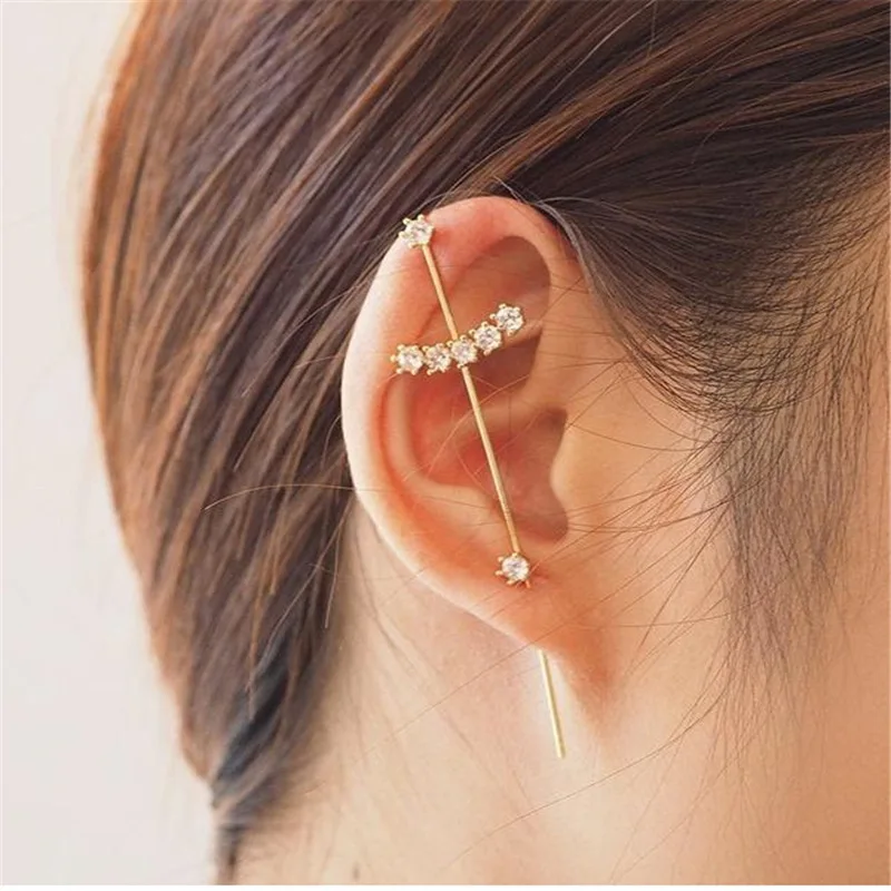 

2021 New Design Needle Hook Earrings Copper Inlaid Zircon Real Gold Plated Ear Wrap Crawlers Earrings, Gold/silver