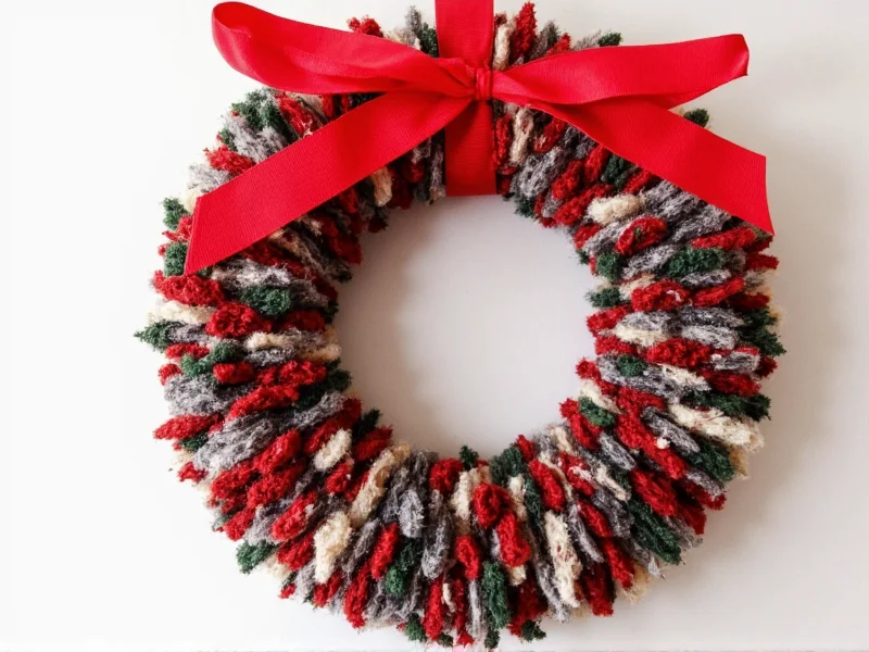 Upcycled sweater fabric Christmas wreath with red ribbon