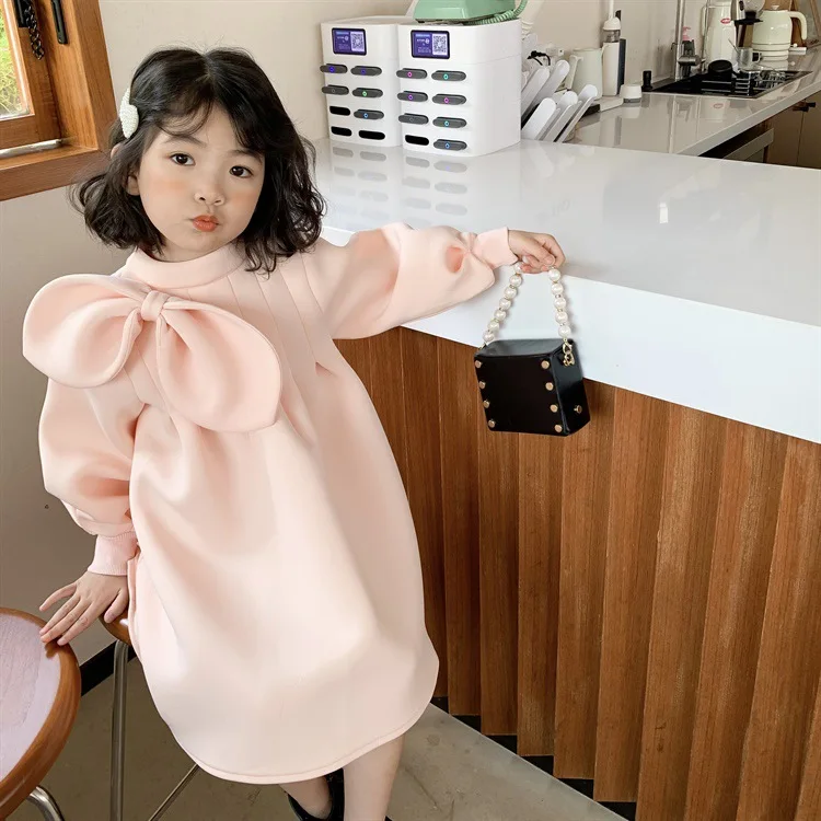 

2022 New fashion toddler Girls puff sleeve solid bid bow princess dress Girls casual Dress, Picture shows