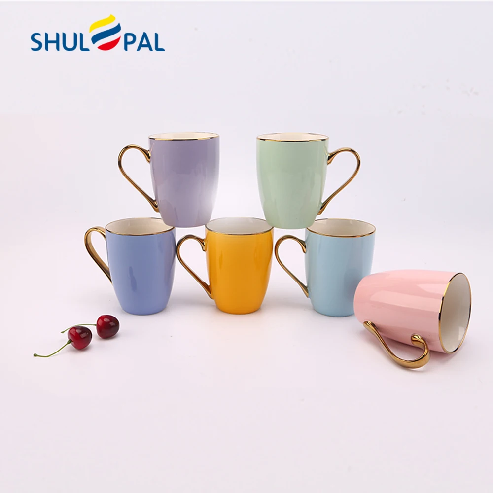 

High quality ceramic coffee mug with gold hand, Yellow,pink,light green,lake blue,blue-green ,purple
