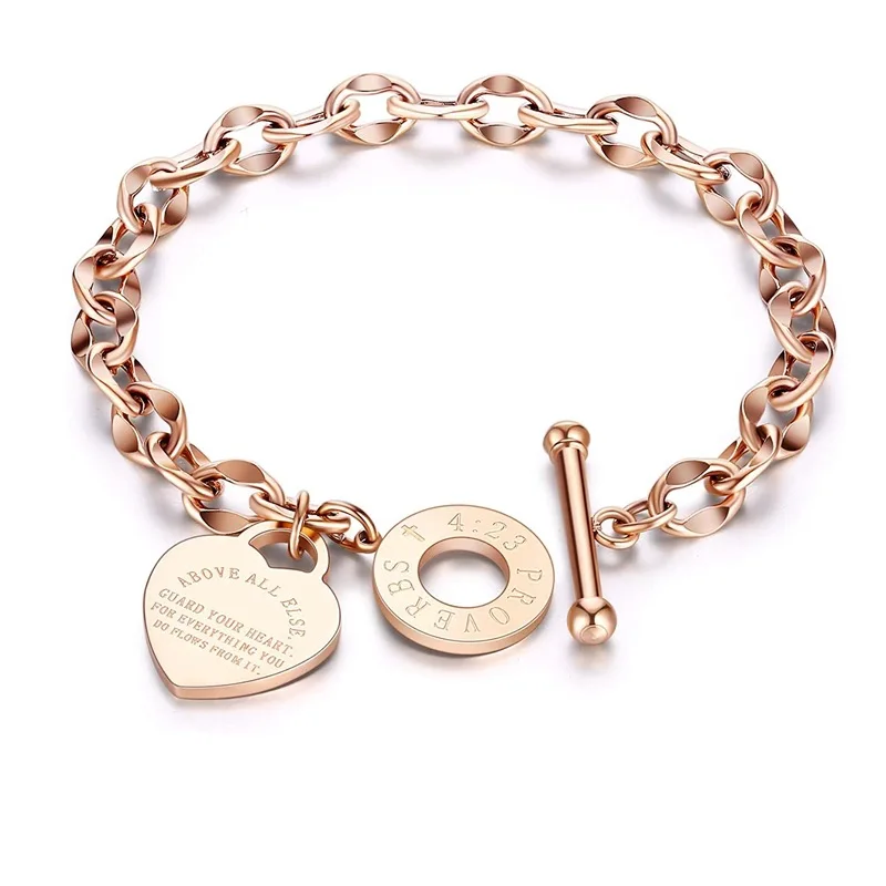 

Ba Bai Custom Heart Pendant Rose Gold Plated New Design Stainless Steel Chain Link Bracelet Women Jewelry For Party, Picture shows