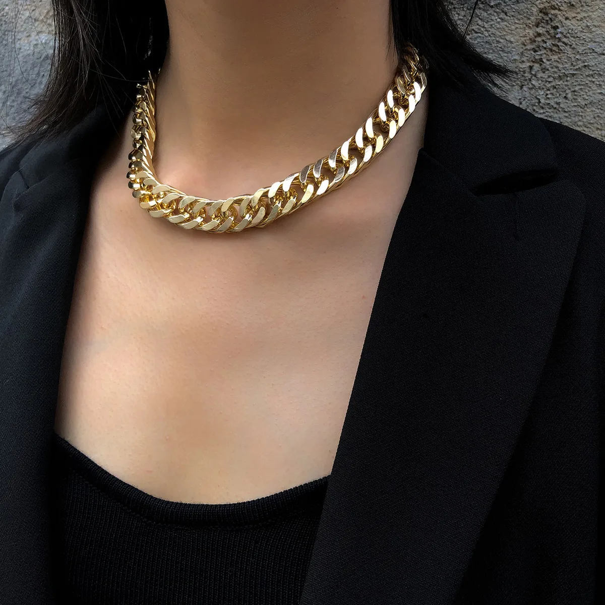 

Punk Hip Hop Curb Cuban Thick Short Choker Necklace Simple Minimalist Chunky Collar Necklace Men Women Jewelry Party, Gold, silver