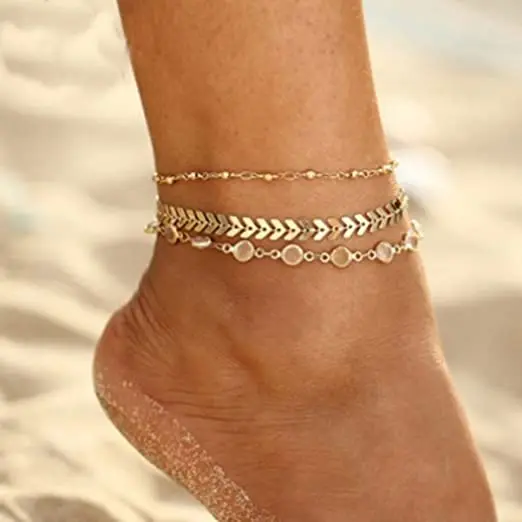 

Wholesale New Bohemian Beach Anklet Beaded Arrow Chain Multi-layer Leaf Accessories Anklet for Women, Gold color