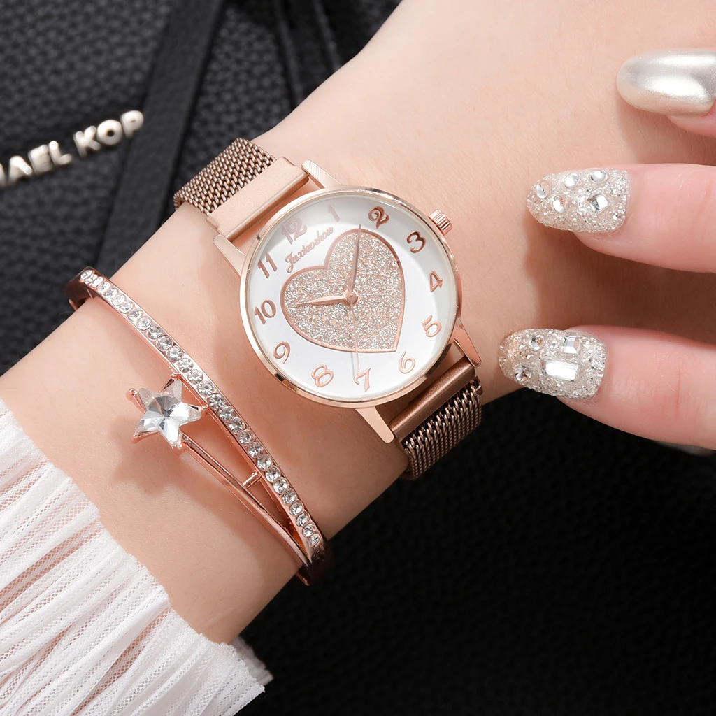 

2pc/set Luxury Brand Women Watches Love Magnet Watch Buckle Fashion Casual Female Wristwatch Roman Numeral Simple Bracelet, As show