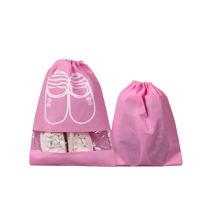 

Wholesale and retail custom LOGO promotional cheap non-woven pvc shoe bag travel storage drawstring shoe bag Pink