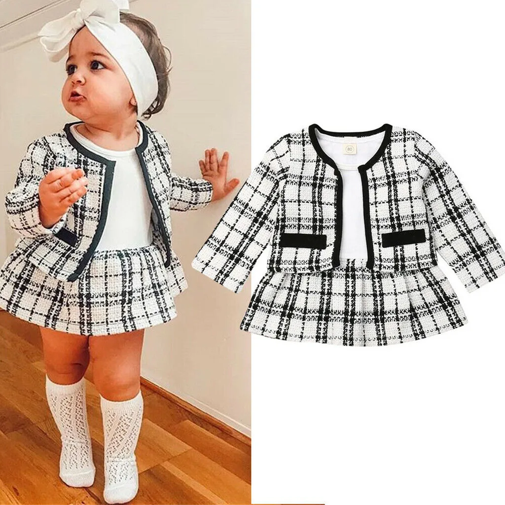 

2020 New Autumn Toddler Girl Clothes Cotton Plaid Coats Jacket Skirt Knit Crochet Sweater Clothes Girls Fall Outfits, As picture