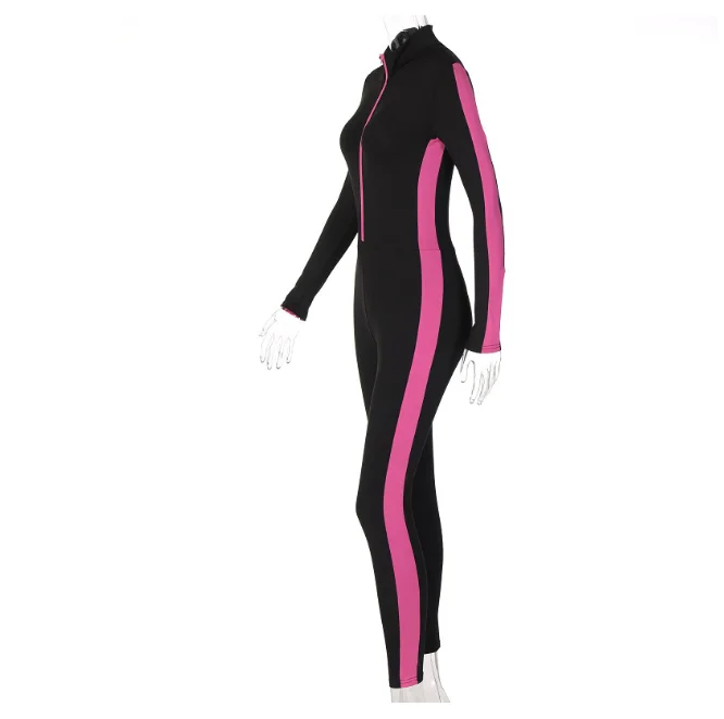 
Fluorescent color splicing zipper splicing reflective yoga sports one piece pants jumpsuits women 