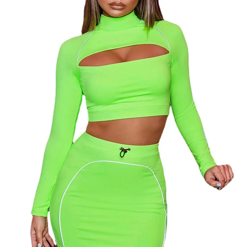 

Half High Collar Long Sleeve Hollow Out Luminous Ribbon Short Jacket And Skirt Suit Neon Light Fried Street Women Two Piece Set, Solid