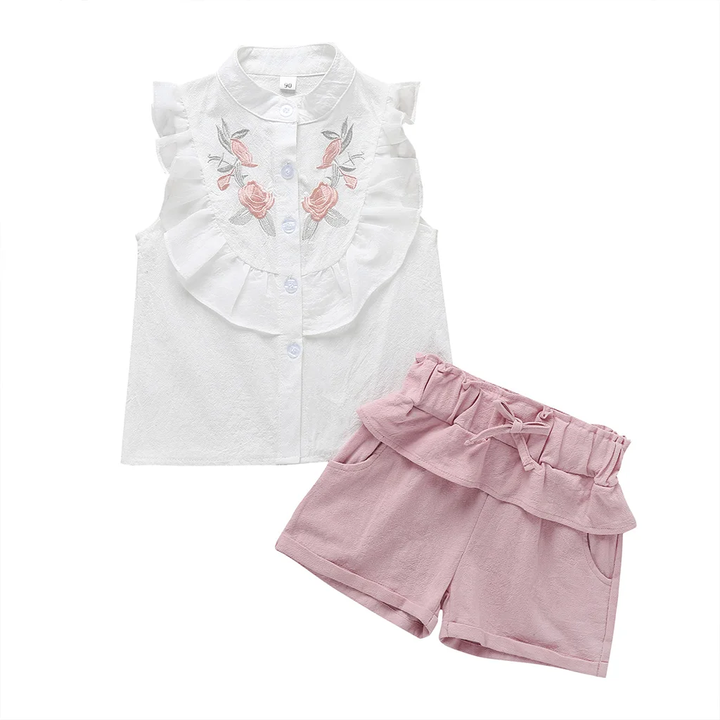 

Wholesale Fashion Style Summer Cotton Flower Embroidery Baby Girls Two Piece Pants Clothing Set
