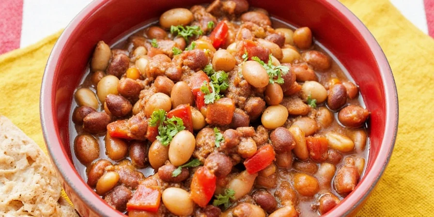 Plated Chili with Canned Beans and Toppings