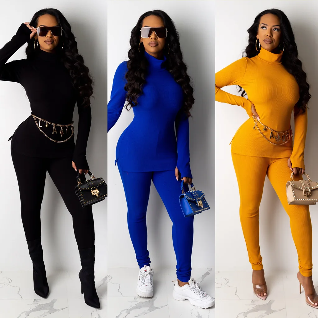 

2020 new fashion leisure high collar long sleeve tight fitting women's two piece set
