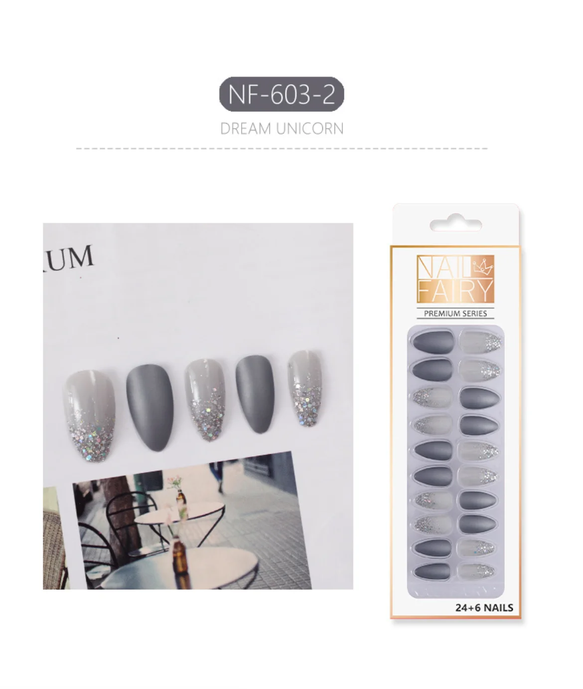 

acrylic press on nails 24pcs Shining Wearable Flash Powder Tips nail charms fale nails press designs, Colorful