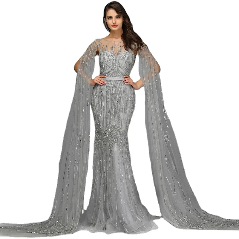 

Grey O Neck Cape Sleeves Evening Long Gowns Serene Hill LA70160 Robe Mermaid Beaded Gold Formal Party Dresses For Women