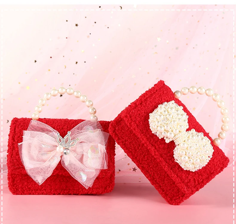 

2021 Korean style latest pearl bow handbags little girls cute purse fashion crossbody party bag kids