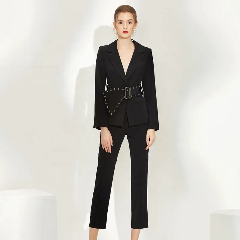 

Ladies Suit Design Woman Work Formal Suits Women Two Piece Belted Blazer Pant Suit, Customized color