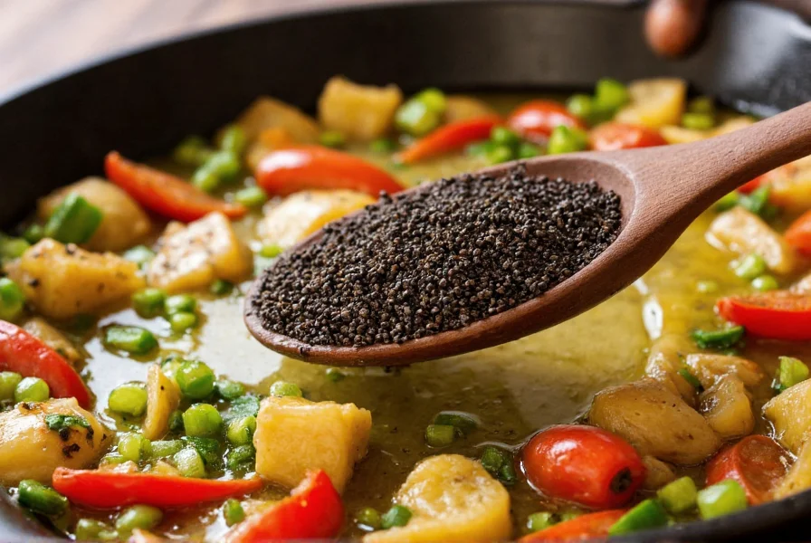 Black cumin seeds and oil being used in cooking preparation with vegetables and spices