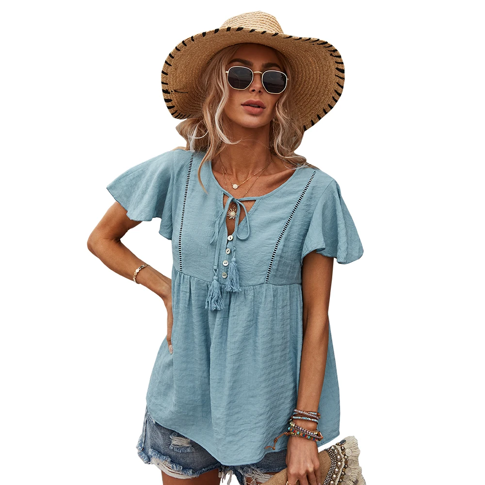 

Mutongyi High Quality T Shirt Casual Tops for Women Plunge Neck Holiday Leisure Polyester T Shirt