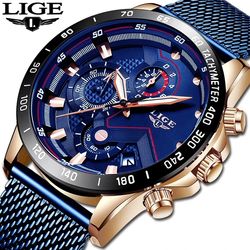 

Lige 9929 Mens Stainless Steel Watches Quartz Movement Waterproof Chrono Luxury Brand Lige Watch