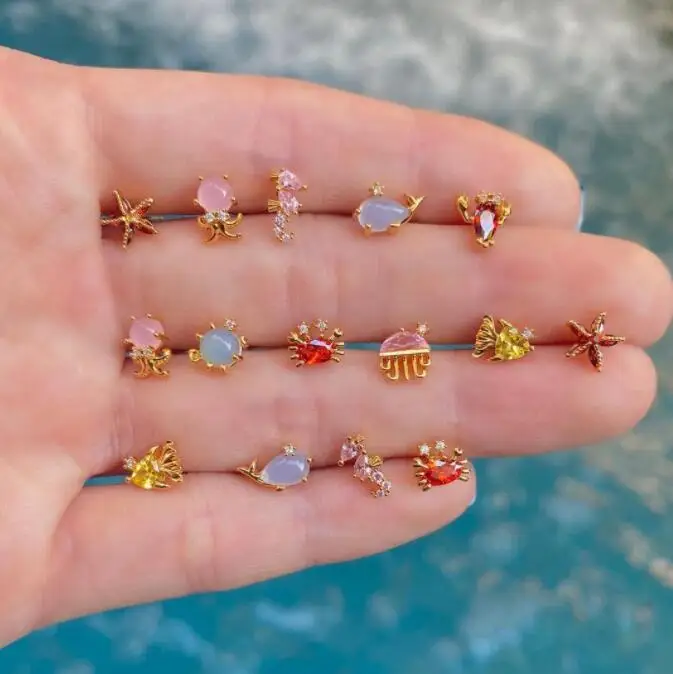 

925 silver 18K gold plated Trendy ocean series Small Animal crystal Zircon Sweet Earrings For women girl, Golden