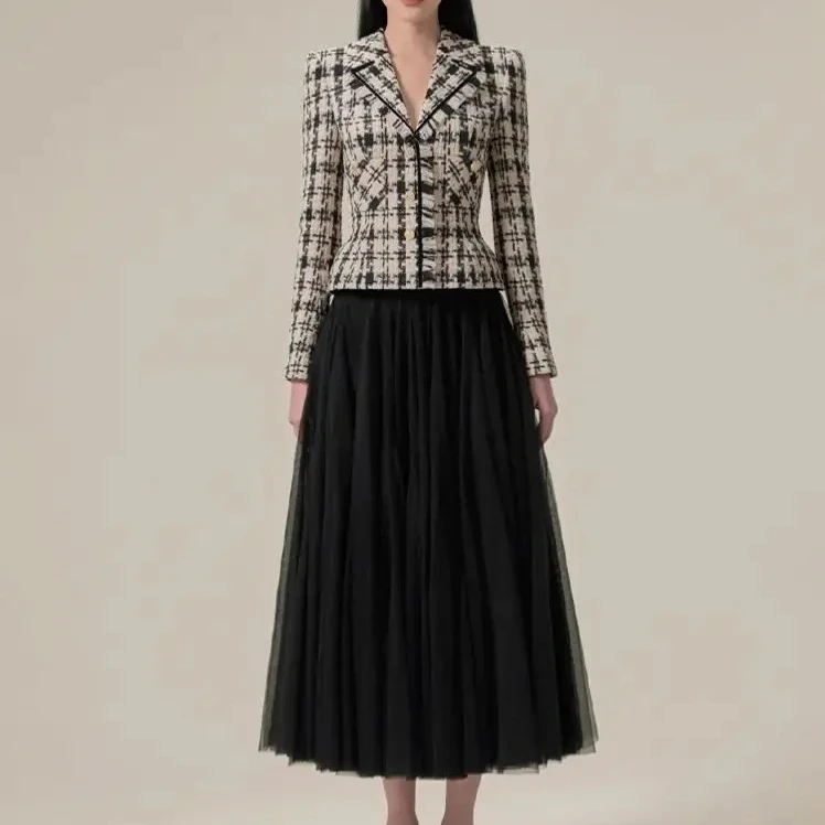

Bettergirl In stock houndstooth elegant suit skirt Vietnam designer autumn and winter New woolen blazer black gauze skirt