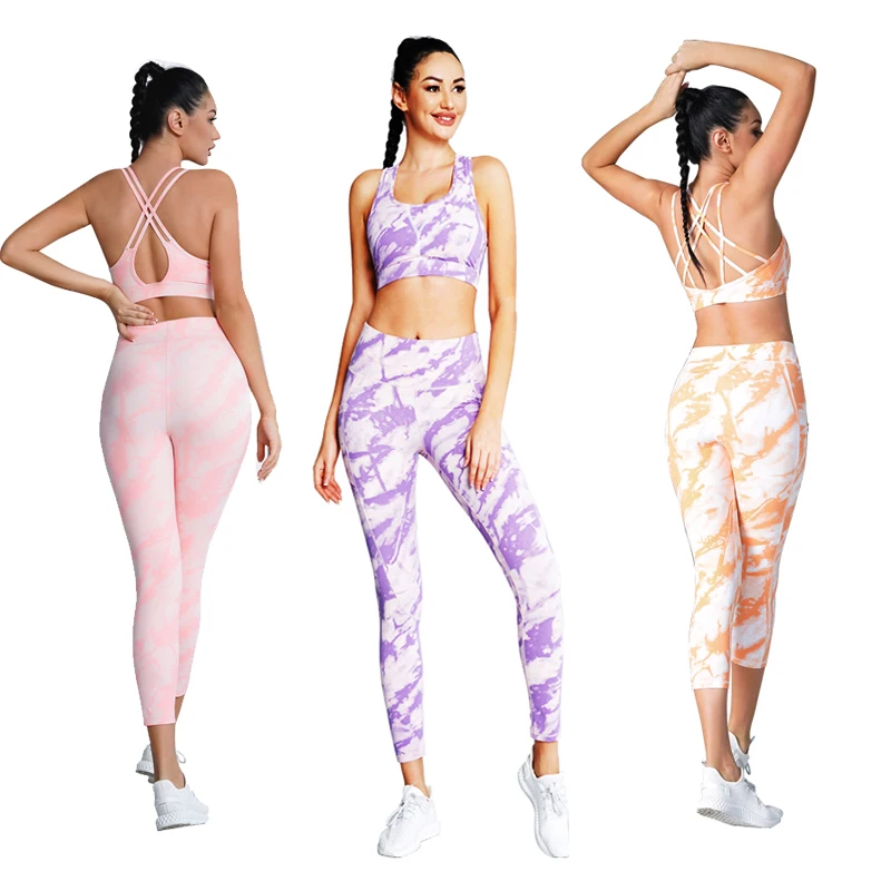 

custom active fitness wear high waisted booty push up printing workout sport gym wear yoga bra and leggings sets, Orange/pink/purple/green