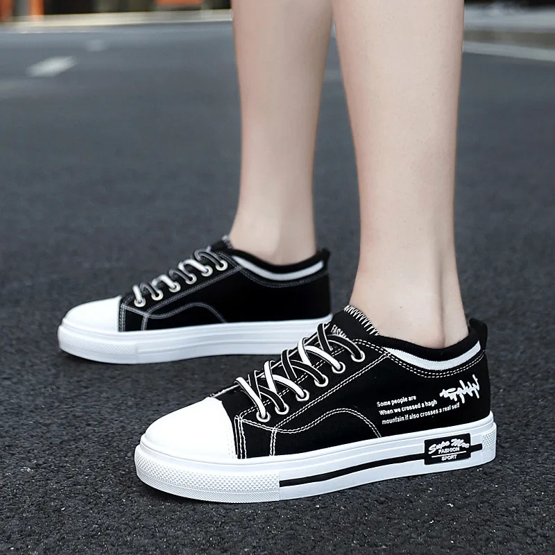 

Designer Vulcanized Round Toe Flat Black Board Shoes Women Canvas Sneakers, Black,green