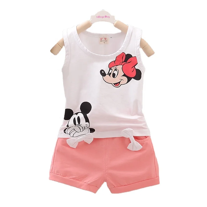 

Baby Girls Clothing Sets White Two Piece Outfit Cartoon Printing Cotton Vest + Bow Decoration Shorts Kids Apparel2021