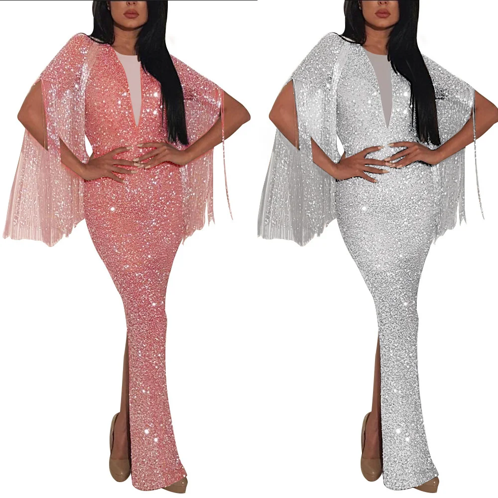 

Mid Waist Ladies Sequins Fork Dresses Irregular Backless Casual Dress Plus Size Fat Women Gown Long Evening Dress, Photo color
