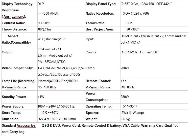 Lamp Projector Dlp Short Throw Projector Beamer 3d 4000 Lumens Ratio 4