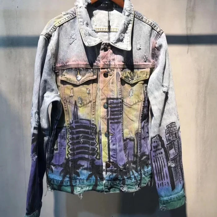 

OEM private label men custom stock dropshipping blue handmade paint distressed mens denim jacket