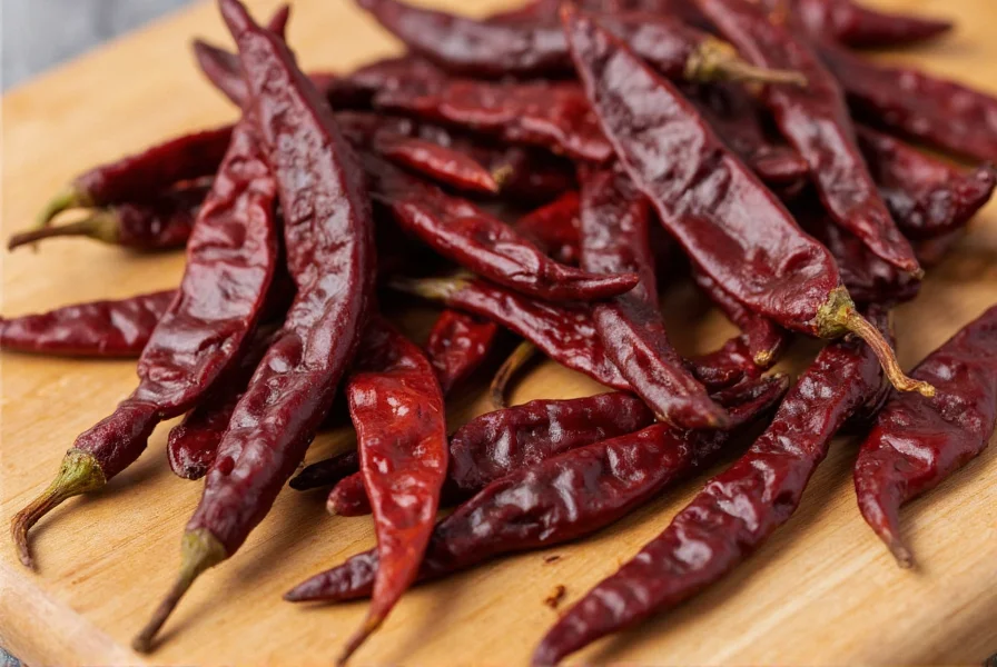 Close-up of dried ancho chilies showing their deep burgundy color and leathery texture arranged on a wooden cutting board