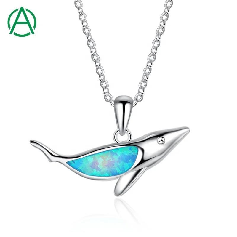 

ArthurGem Shark Silver Necklace 925 Sterling Silver Jewelry Blue Opal Beach Shark Pendant Necklaces for Women Gifts