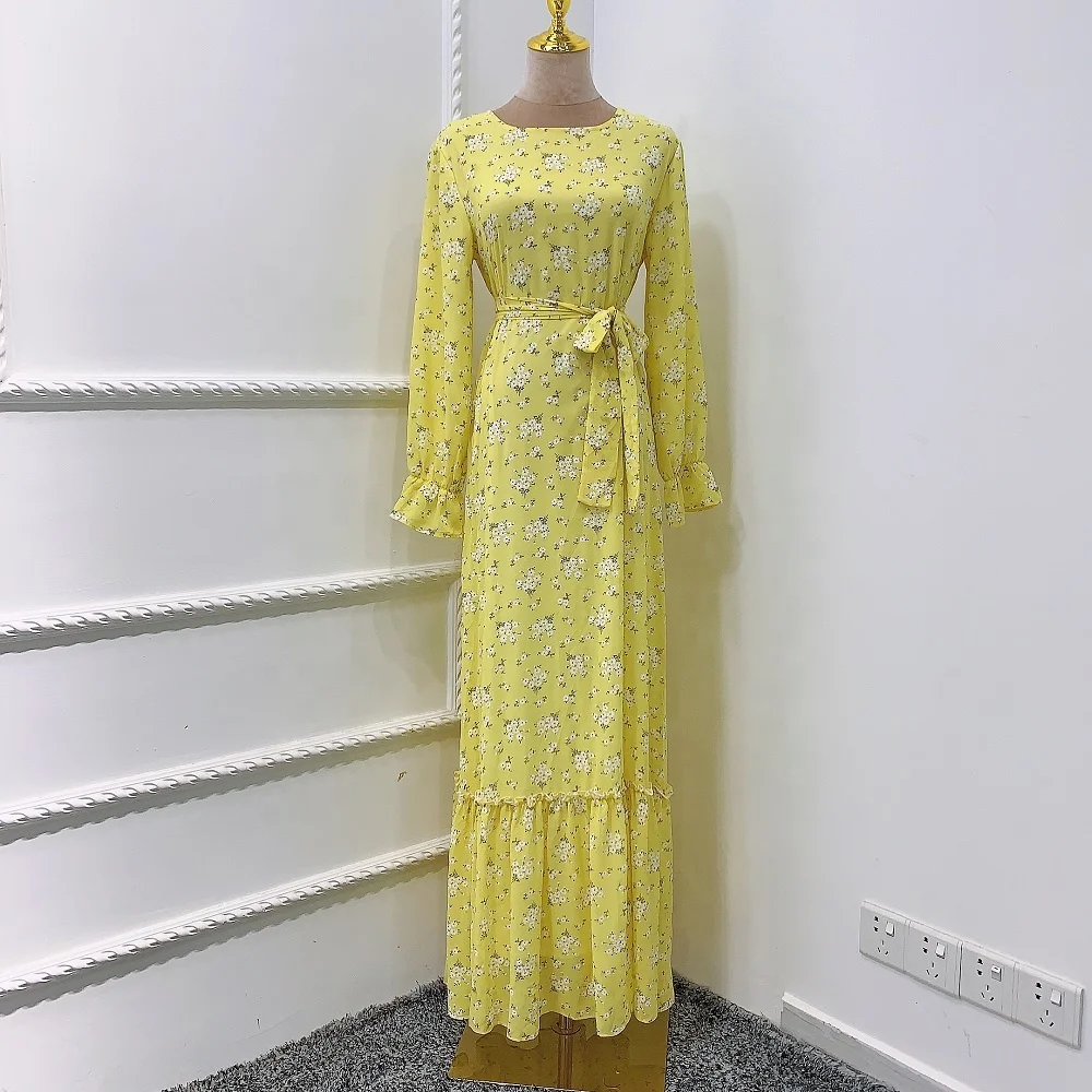 

2020 summer new fashion long sleeve Muslim dress floral print Abaya women elegant maxi dress, Yellow, pink, blue