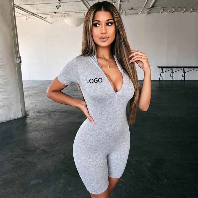 

Cotton Short Sleeve Zipper women jumpers and rompers skinny bodysuits v-neck skinny playsuits outfit for women fitness Rompers