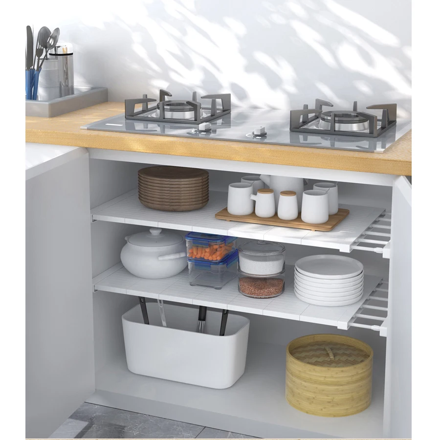 

Hot Sale Adjustable Kitchen Storage Holders & Racks Cupboard Storage Organiser Kitchen Rack Storage Holder Length 61-102cm, White / beige